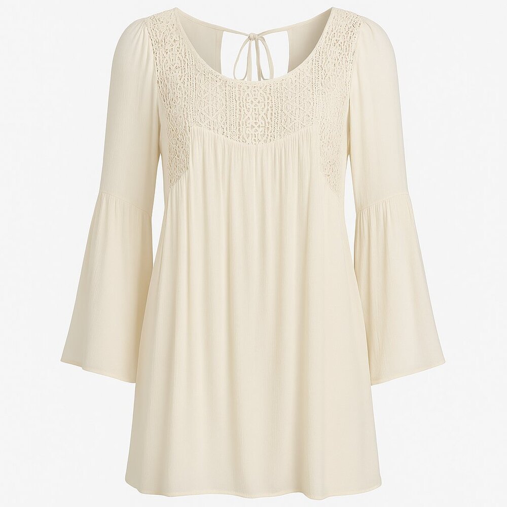 Allison Brittney Ivory Crochet Lace Bib Peasant Dress L Bell Sleeves Boho Spring